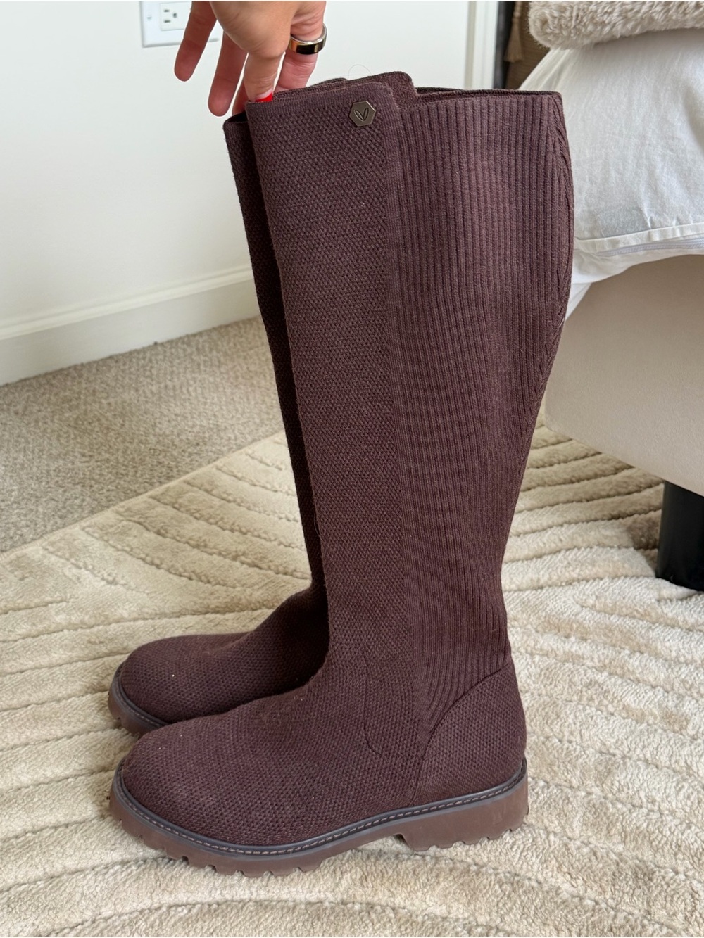 Knee-High Knit Pull-On Boots in Dark Brown